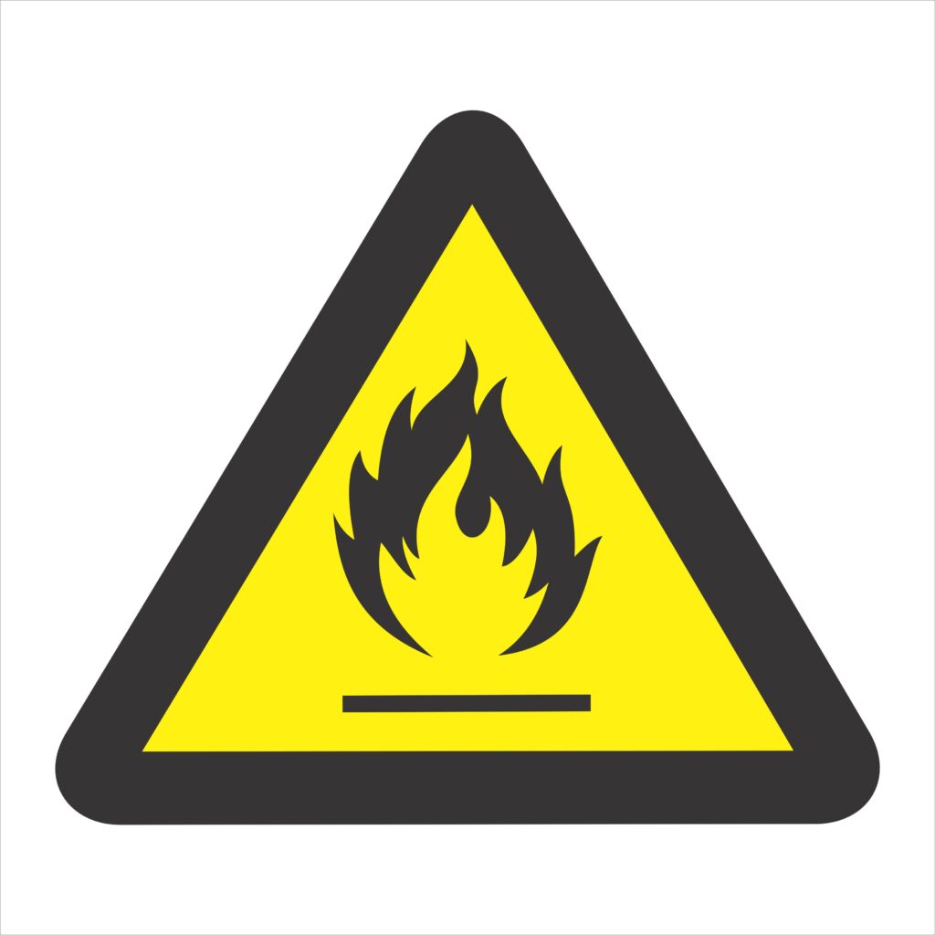 Placa de Sinalização cuidado risco de incêndio.